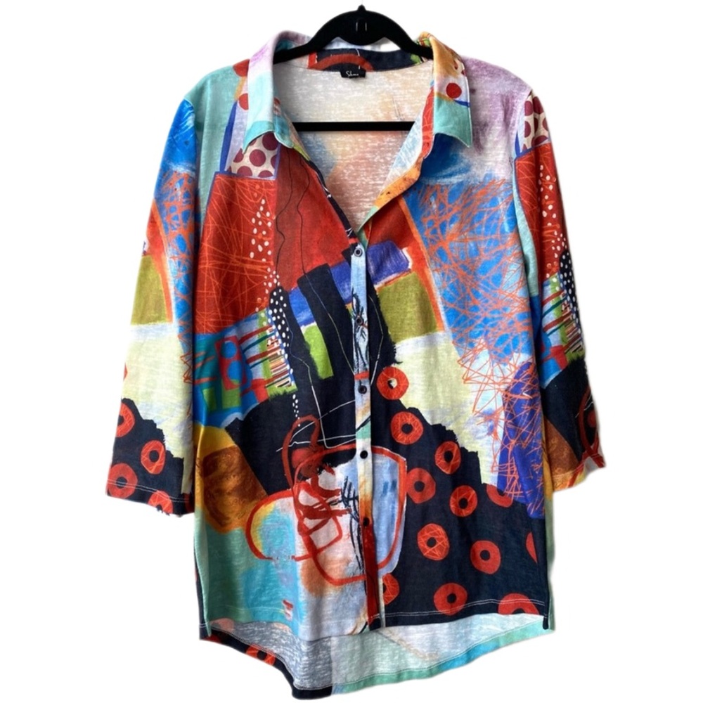 Shana Apparel Colorful High Low Abstract Print Scribbles Button Down Top, Large